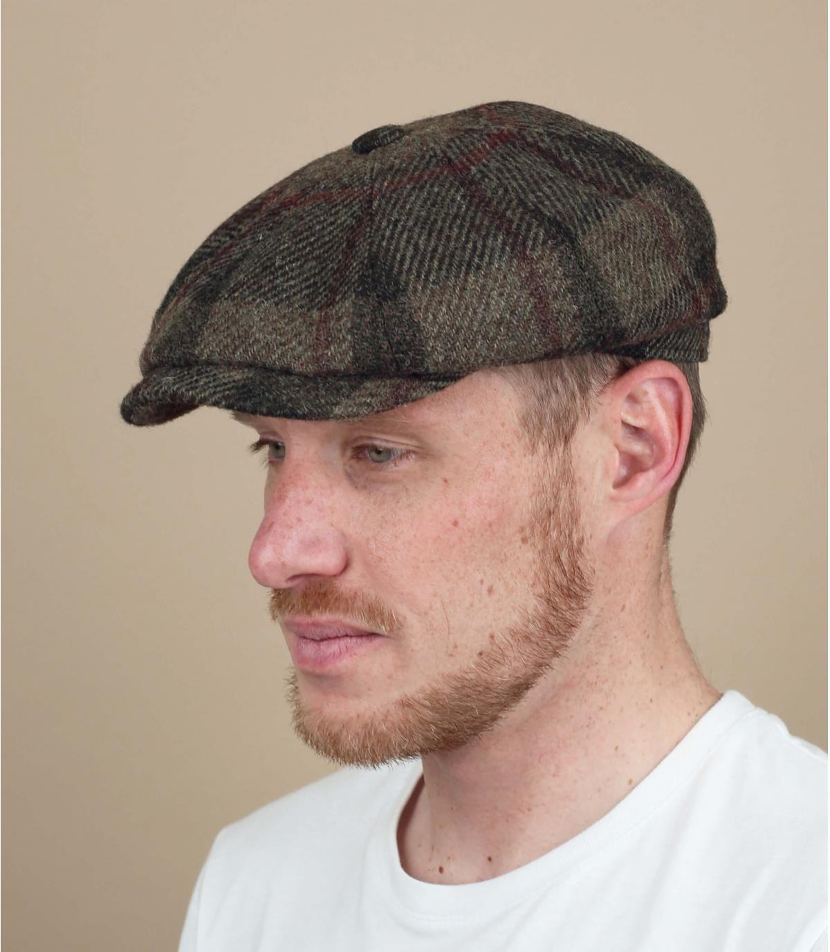 wool newsboy cap squares Hatteras Virgin Wool check beige olive